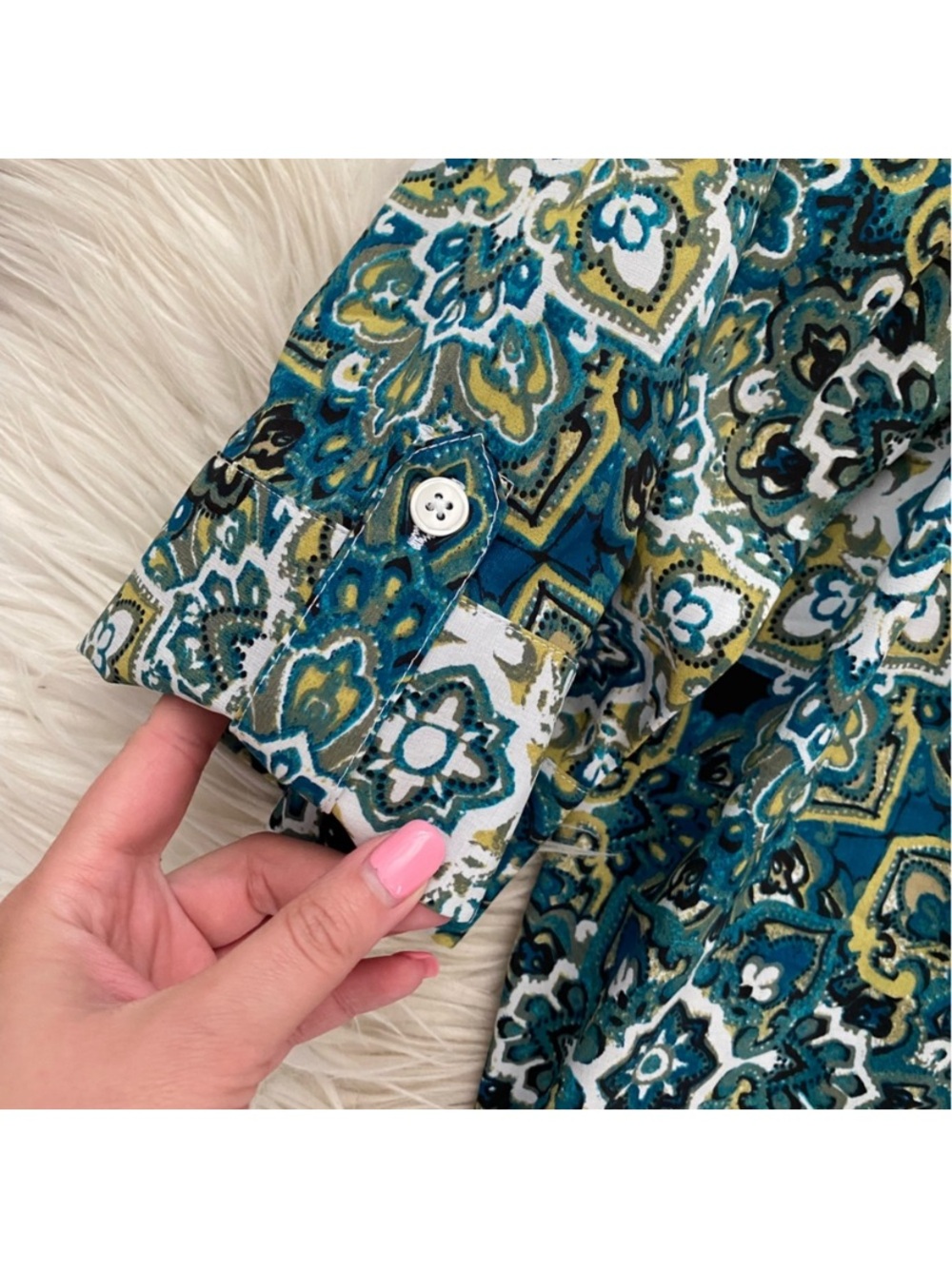 Catherines Timeless Blouse Deep Teal Tile Paisley Blue Green Button Up Shirt 2X - Picture 5 of 10